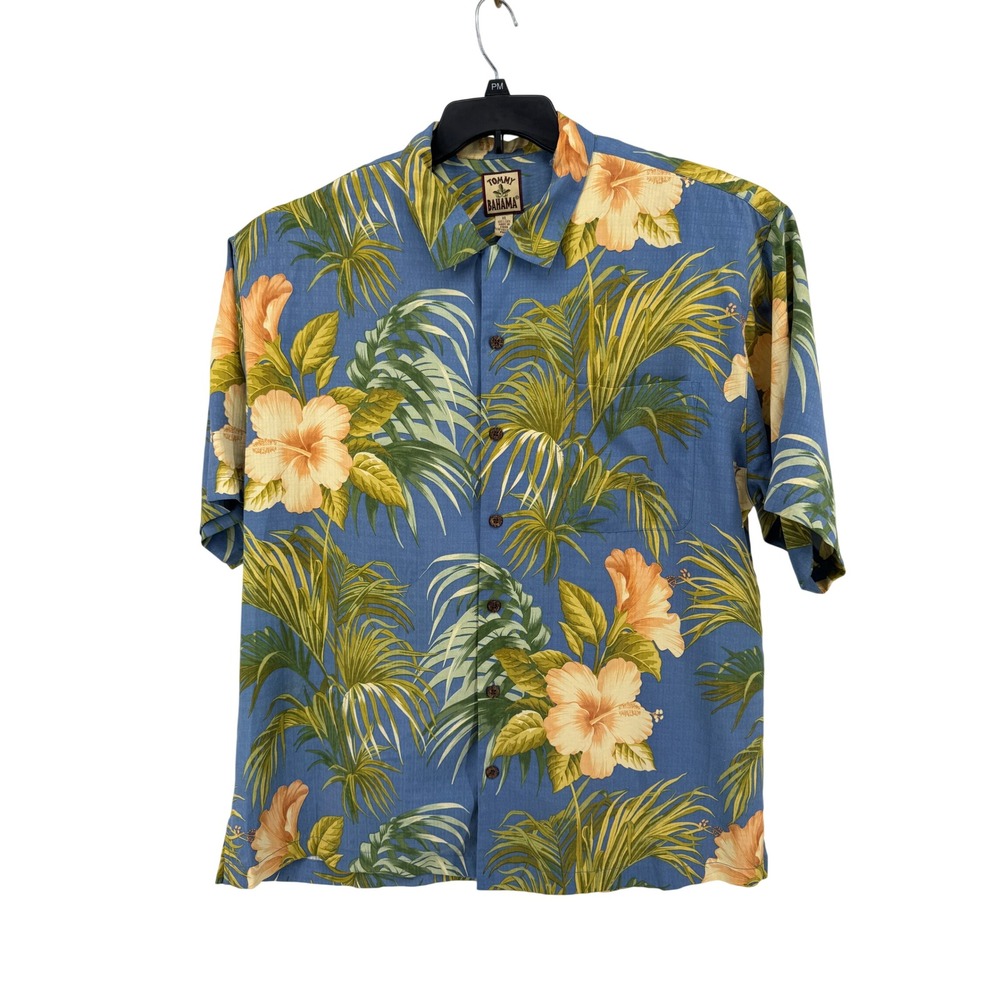 Tommy Bahama Silk Hawaiian Shirt Mens XL Blue Silk Hibiscus Palm Floral Camp